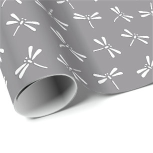 Papier Cadeau Motif de libellule, gris japonais/gris et blanc