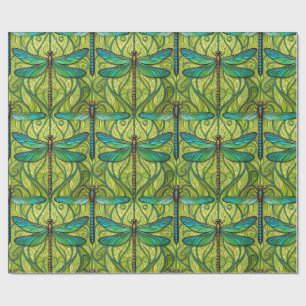 Papier Cadeau Motif de libellule répétitif sur fond vert