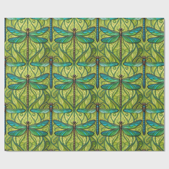 Papier Cadeau Motif de libellule répétitif sur fond vert  (Plat)