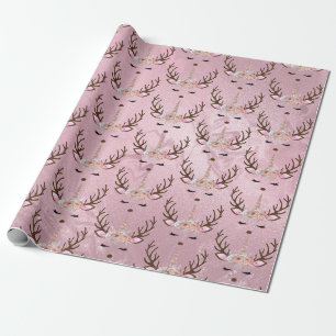 Papier Cadeau Motif de licorne de rennes rose en marbre d'or
