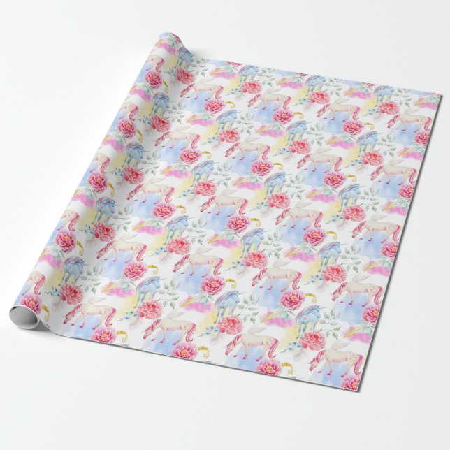 Papier Cadeau Motif de licorne et de Pegasus d'aquarelle (Déroulé)