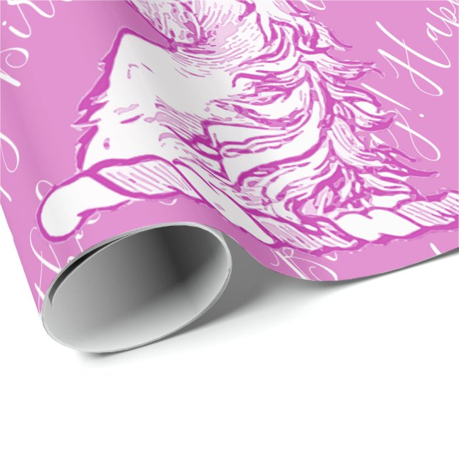 Papier Cadeau Motif de licorne rose magique Texte d'anniversaire (Coin rond)