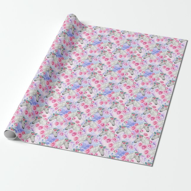 Papier Cadeau Motif de licornes et de roses (Déroulé)