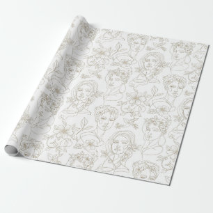 Papier Cadeau Motif de ligne de visage floral vintage noir et bl
