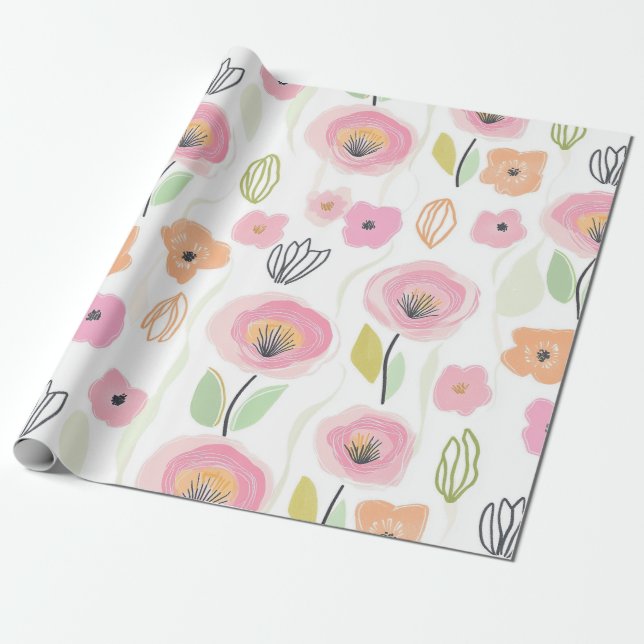 Papier Cadeau Motif de ligne florale abstrait moderne (2) (Déroulé)