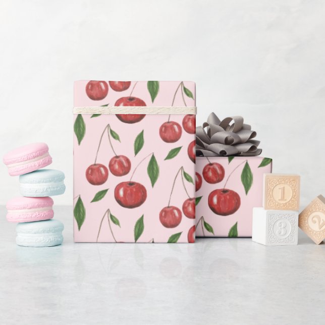 Papier Cadeau Motif de l'illustration de l'aquarelle des cerises (Baby Shower)