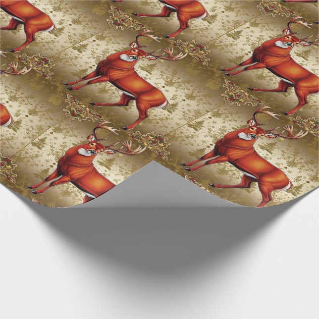 Papier Cadeau Motif de luxe Red Deer Moose Gold Snow Joyeux Noël (Coin)