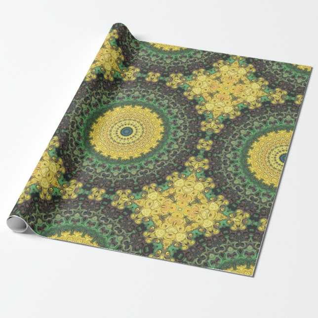 Papier Cadeau Motif de mandala kaléidoscope jaune et vert (Déroulé)