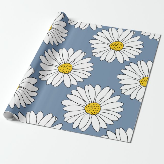 Papier Cadeau Motif de marguerite bleu jaune (Déroulé)