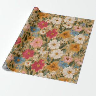 Papier Cadeau Motif de marguerite coloré vintage - moutarde
