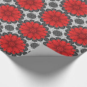 Papier Cadeau Motif de marguerite géométrique en rouge noir et b