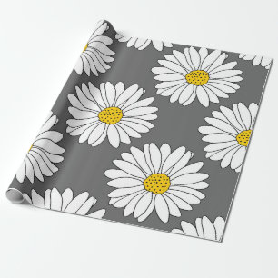 Papier Cadeau Motif de marguerite gris jaune blanc