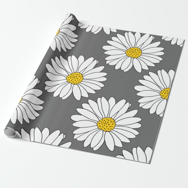 Papier Cadeau Motif de marguerite gris jaune blanc (Déroulé)