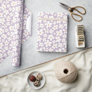 Papier Cadeau Motif de marguerite groovy pré fleuri rétro lavand