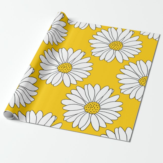 Papier Cadeau Motif de marguerite jaune blanc 2 (Déroulé)
