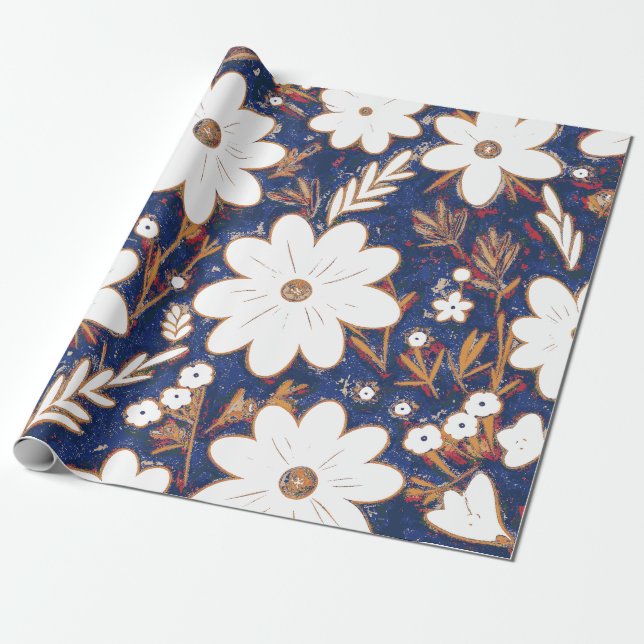 Papier Cadeau Motif de marguerite Shabby Chic Bleu Profond Blanc (Déroulé)