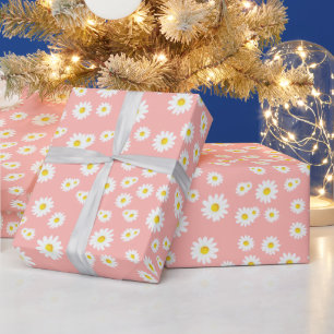 Papier Cadeau Motif de marguerites de printemps rose corail Boho