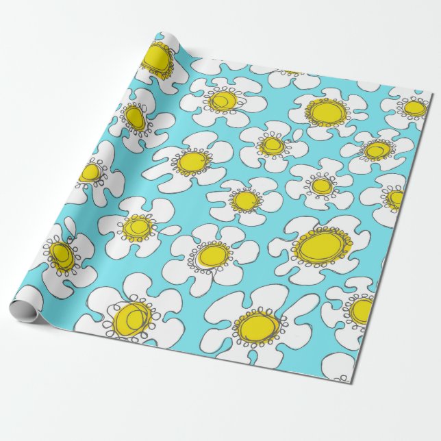 Papier Cadeau Motif de marguerites simples turquoise et jaune (Déroulé)