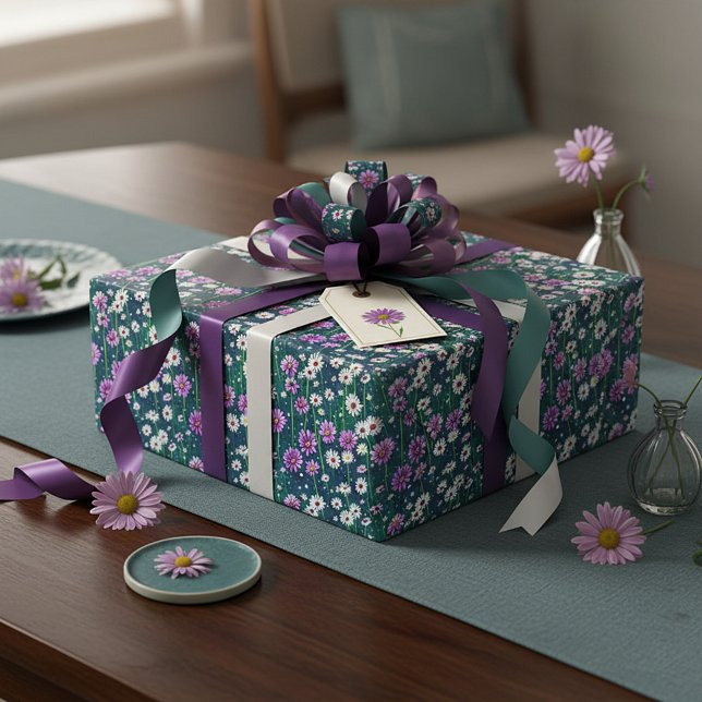 Papier Cadeau Motif de marguerites violettes et blanches (Créateur téléchargé)