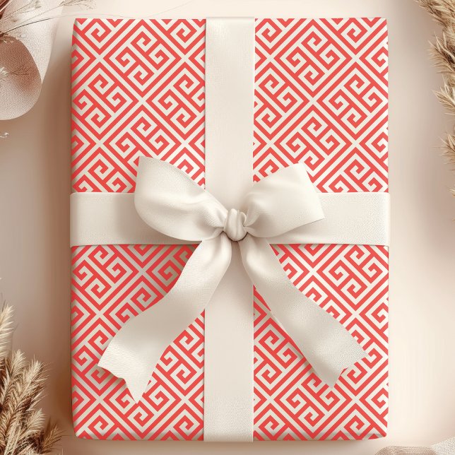 Papier Cadeau Motif de Maze Clé Grecque Rouge et Blanc (Créateur téléchargé)