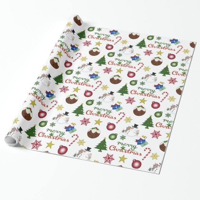 Papier Cadeau Motif de mélange d'illustrations de Noël (Déroulé)