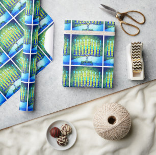 Papier Cadeau Motif de menorah moderne tendance Hanukkah bleu ve