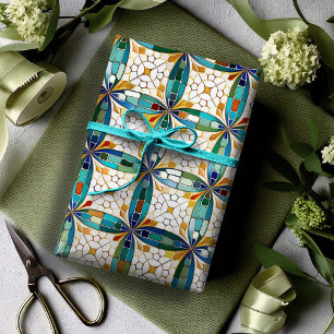 Papier Cadeau Motif de mosaïque géométrique n° 5 Turquoise blanc