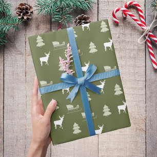 Papier Cadeau Motif de motoneige vert blanc cerf pinetree Noël