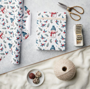 Papier Cadeau Motif de neige et de feuillage hivernal joyeux
