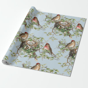 Papier Cadeau Motif de nid d'oiseaux Vintage Bleu Nature Découpa