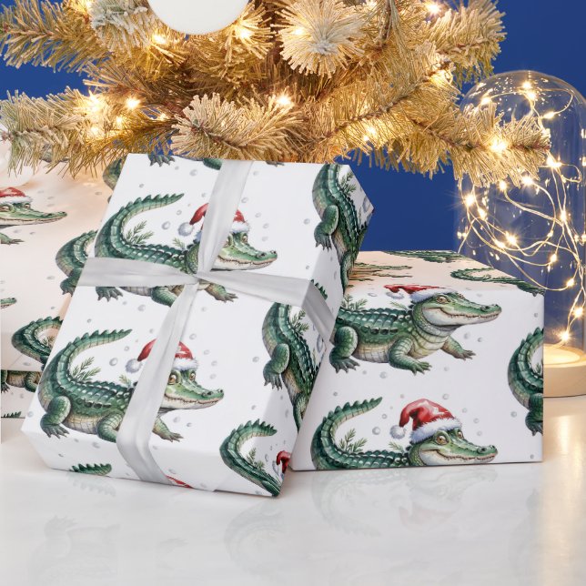 Papier Cadeau Motif de Noël aux alligators-crocodiles branchés  (Vacances)