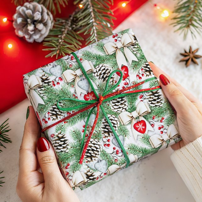 Papier Cadeau Motif de Noël aux Cônes de Pin et Branches Rustiqu (Créateur téléchargé)
