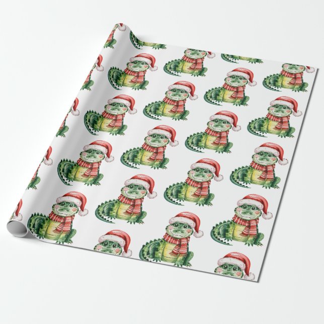 Papier Cadeau Motif de Noël avec alligators-crocodiles tendance  (Déroulé)