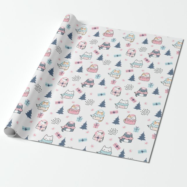 Papier Cadeau Motif de Noël avec des chats drôles, des cadeaux e (Déroulé)