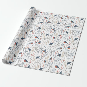Papier Cadeau Motif de Noël avec des rouges-gorges et des plante