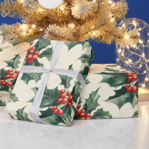 Papier Cadeau Motif de Noël avec Holly Feuilles et Red Berry