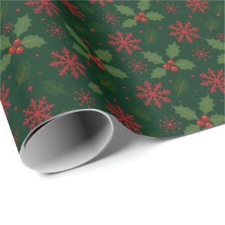 Papier Cadeau Motif de Noël avec houx et flocon de neige rouge
