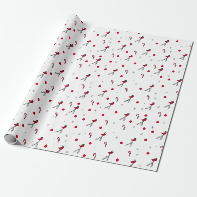 Papier Cadeau Motif de Noël avec un rouge-gorge, des sucettes, n (Déroulé)