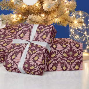 Papier Cadeau Motif de Noël baroque rose poudré et burgundy