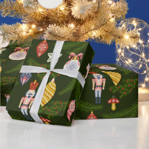 Papier Cadeau Motif de Noël Bauble et Soldat en Bois