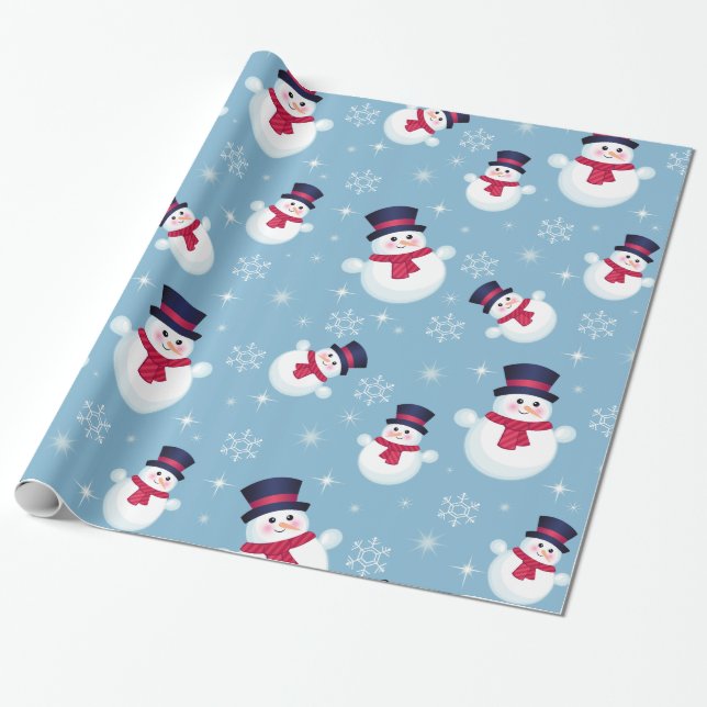 Papier Cadeau Motif De Noël Bleu Avec Snowmen Et Snowflakes (Déroulé)