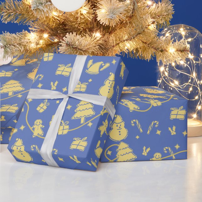 Papier Cadeau Motif de Noël bleu rétro (Vacances)