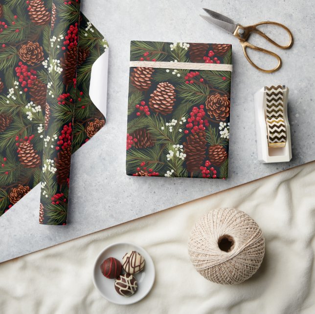 Papier Cadeau Motif de Noël branches Cônes de pin classiques Bai (Artisanat)