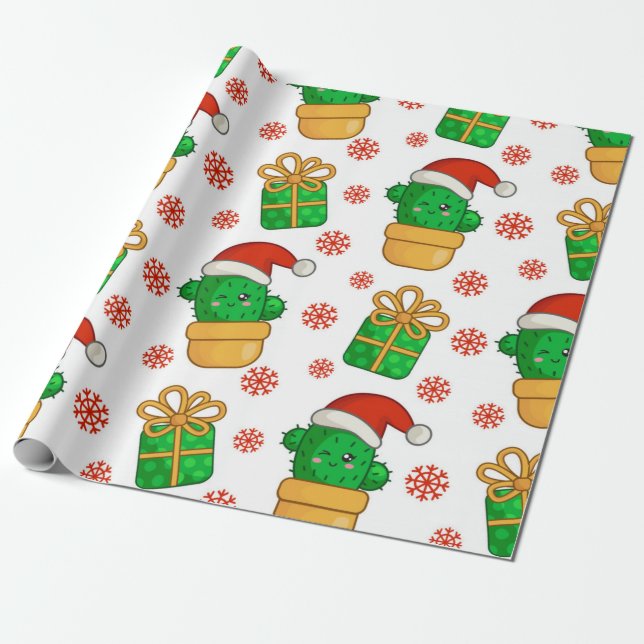 Papier Cadeau Motif de Noël Cactus (Déroulé)