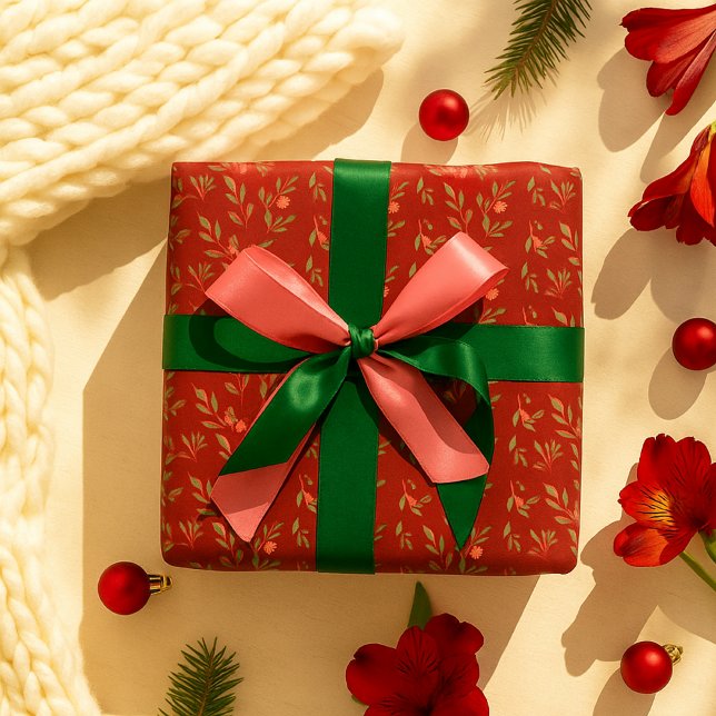 Papier Cadeau Motif de Noël classique rouge et vert Floral (Créateur téléchargé)