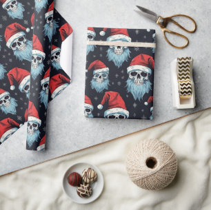 Papier Cadeau Motif de Noël crâne barbe chapeau de Santa goth