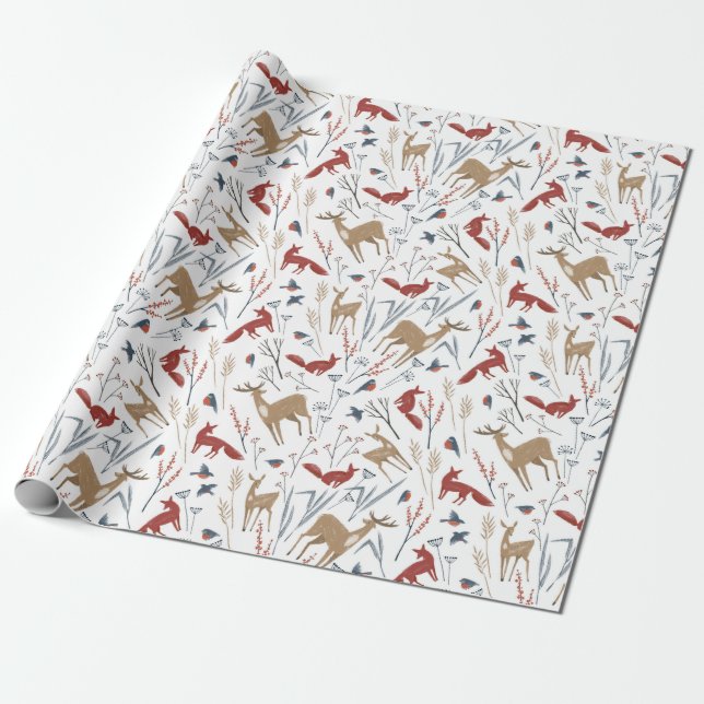 Papier Cadeau Motif de Noël d'animaux et de plantes hivernales (Déroulé)