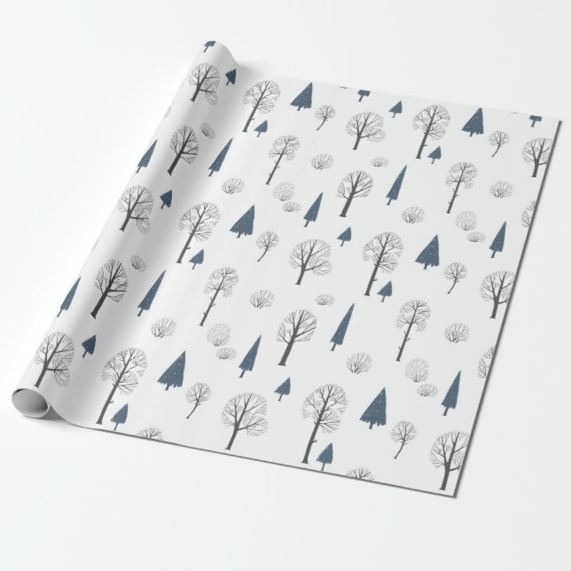 Papier Cadeau Motif de Noël de bleu, arbres noirs sur fond blanc (Déroulé)