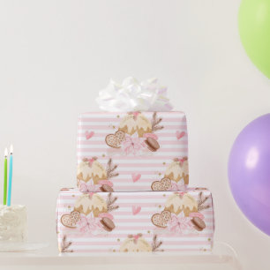 Papier Cadeau Motif de Noël de dessert d'hiver à rayures roses