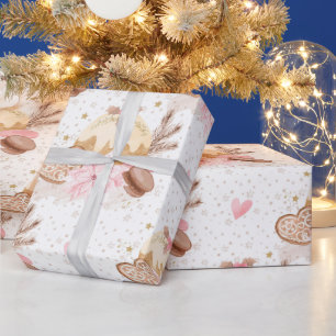 Papier Cadeau Motif de Noël de dessert d'hiver rose et or